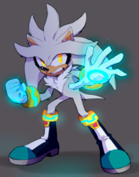Size: 2256x2872 | Tagged: safe, artist:bongwater777, silver the hedgehog (sonic), hedgehog, mammal, anthro, sega, sonic the hedgehog (series), 2020, amber eyes, boots, chest fluff, clothes, digital art, fangs, fluff, fur, gloves, glowing, glowing eyes, glowing hand, gray background, gray fur, gray tail, gritted teeth, high res, male, quills, sharp teeth, shoes, short tail, simple background, solo, solo male, tail, teeth