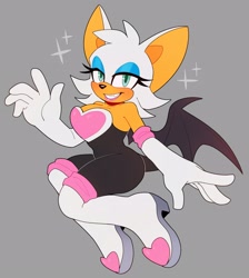 Size: 2604x2912 | Tagged: safe, artist:bongwater777, rouge the bat (sonic), bat, mammal, anthro, sega, sonic the hedgehog (series), 2020, bat wings, boots, breasts, cleavage, clothes, digital art, eyeshadow, fangs, female, flying, fur, gloves, gray background, grin, head fluff, high res, lipstick, makeup, sharp teeth, shoes, short tail, simple background, solo, solo female, sparkles, spread wings, tail, teeth, webbed wings, white fur, wings