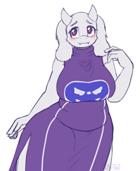 Size: 834x1019 | Tagged: safe, artist:puetsua, toriel (undertale), bovid, goat, mammal, anthro, undertale, 2020, blushing, bottomwear, breasts, clothes, digital art, dress, eyelashes, fangs, female, front view, fur, horns, huge breasts, purple clothing, purple dress, purple eyes, sharp teeth, simple background, solo, solo female, teeth, white background, white body, white fur, wide hips
