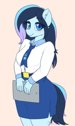 Size: 765x1275 | Tagged: safe, artist:puetsua, oc, oc only, oc:stardust stellar, earth pony, equine, fictional species, mammal, pony, anthro, friendship is magic, hasbro, my little pony, anthrofied, bottomwear, clothes, female, mare, necktie, skirt, solo, solo female, tablet