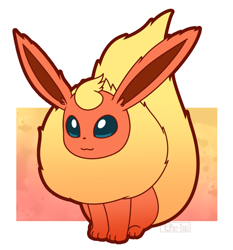 Size: 1144x1230 | Tagged: safe, artist:puetsua, eeveelution, fictional species, flareon, feral, nintendo, pokémon, :3, ambiguous gender, blue eyes, border, ears, fluff, gradient background, head fluff, long ears, neck fluff, outline, paws, sitting, smiling, solo, solo ambiguous, tail, tail fluff, white border