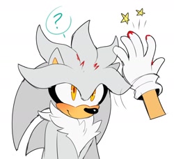 Size: 1424x1299 | Tagged: safe, artist:bongwater777, part of a set, silver the hedgehog (sonic), hedgehog, mammal, anthro, sega, sonic the hedgehog (series), 2020, amber eyes, blood, bust, chest fluff, clothes, digital art, disembodied hand, fluff, fur, gloves, gray fur, happy, male, male focus, question mark, quills, simple background, smiling, solo focus, white background