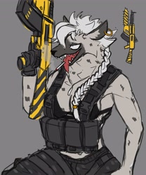 Size: 3413x4096 | Tagged: safe, artist:im51nn5, hyena, mammal, anthro, breasts, cleavage, female, gun, rifle, smiling, solo, solo female, tongue, tongue out, weapon