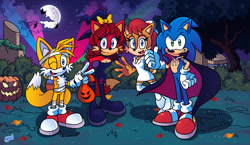 Size: 1724x1001 | Tagged: safe, artist:azureblueworld, fiona fox (sonic), miles "tails" prower (sonic), princess sally acorn (sonic), sonic the hedgehog (sonic), bat, canine, chipmunk, fox, hedgehog, mammal, red fox, rodent, anthro, archie sonic the hedgehog, sega, sonic the hedgehog (series), 2014, ambient wildlife, bandages, blue eyes, blue fur, boots, breasts, brown fur, brown tail, cape, cheek fluff, chest fluff, cleavage, clothes, cloud, digital art, dipstick tail, dress, female, fluff, food, fur, grass, green eyes, group, hair, halloween, hat, holiday, jack-o-lantern, male, moon, multicolored fur, multicolored tail, multiple tails, night, nurse outfit, one eye closed, open mouth, orange fur, orange tail, outdoors, pumpkin, quills, red fur, red hair, red tail, shadow, shoes, sky, sneakers, tail, tan body, tan fur, tan tail, thumbs up, tree, two tails, two toned body, two toned fur, two toned tail, vegetables, waving, white body, white fur, white tail, winking, witch hat
