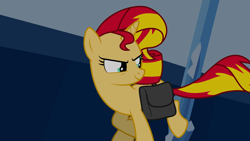 Size: 3840x2160 | Tagged: safe, artist:byteslice, sunset shimmer (mlp), equine, fictional species, mammal, pony, unicorn, feral, friendship is magic, hasbro, my little pony, trace, .svg available, 16:9, castle, female, high res, mare, not a screencap, on model, saddle bag, solo, solo female, svg, tail, vector, wallpaper