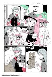 Size: 1200x1762 | Tagged: safe, artist:shepherd0821, fictional species, human, mammal, monster, undead, vampire, humanoid, modern mogal, animal costume, candy, clothes, costume, female, halloween, halloween costume, hat, holiday, invisible man, mummy costume, not furry focus, werewolf costume, witch costume, witch hat