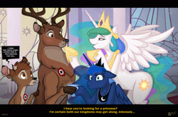 Size: 2622x1720 | Tagged: safe, artist:wolfjedisamuel, bambi (bambi), princess celestia (mlp), princess luna (mlp), the great prince of the forest (bambi), alicorn, cervid, deer, equine, fictional species, mammal, pony, feral, bambi (film), disney, friendship is magic, hasbro, my little pony, 2014, blue fur, blushing, brown fur, cloven hooves, crossover, crossover shipping, crown, english text, female, feral/feral, flirting, floppy ears, fur, hoof shoes, hoofshake, hooves, interspecies, male, male/female, peytral, princelestia (mlp/bambi), shipping, siblings, sister, sisters, sparkly mane, sparkly tail, speech bubble, talking, tan fur, text, white fur, young