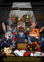 Size: 2039x2880 | Tagged: safe, artist:wolfjedisamuel, judy hopps (zootopia), nick wilde (zootopia), canine, cervid, deer, fox, mammal, red fox, reindeer, anthro, disney, zootopia, 2016, antlers, bell, breasts, brown eyes, brown fur, carrot, cheek fluff, christmas, christmas ball, clothes, cloven hooves, collar, digital art, dossier, drink, ear fluff, english text, female, floppy ears, fluff, food, front view, fur, garland, gray fur, green eyes, group, hat, head fluff, high res, holiday, hooves, long ears, looking at you, male, mug, necktie, not amused face, open mouth, orange fur, paper, police badge, police uniform, purple eyes, red nose, santa hat, sign, smiling, smug, snow, snowman, spill, talking, tan fur, teeth, trio, uniform, vegetables, watermark