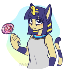Size: 767x832 | Tagged: safe, artist:puetsua, ankha (animal crossing), cat, feline, mammal, anthro, animal crossing, nintendo, 2020, 2d, abstract background, bare shoulders, black eyes, blue hair, border, breasts, digital art, egypt, egyptian, eyebrow through hair, eyebrows, eyelashes, featured image, female, gradient background, hair, hands, holding, holding object, lollipop, looking at you, simple background, sketch, solo, solo female, striped tail, stripes, tail, white background, white border