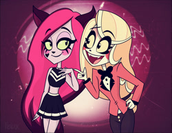 Size: 2976x2297 | Tagged: safe, artist:felux, charlie (hazbin hotel), pinky (teen-z), animal humanoid, cat, demon, feline, fictional species, mammal, humanoid, teen-z, hazbin hotel, charlie magne (hazbin hotel), crossover, cute, duo, duo female, female, females only, high res, princess, princess of hell