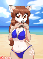 Size: 550x750 | Tagged: suggestive, artist:alfa995, oc, oc only, oc:doe (alfa995), cervid, deer, mammal, anthro, 2019, adorasexy, animated, beach, belly button, bikini, bouncing breasts, breasts, brown eyes, brown fur, brown hair, clothes, cloud, curvy, cute, doe, eyelashes, female, fur, gesture, gif, hair, heart, heart eyes, heart hands, long hair, looking at you, loop, midriff, ocean, one eye closed, open mouth, outdoors, sexy, signature, slightly chubby, smiling, solo, solo female, swimsuit, thick thighs, thighs, voluptuous, water, wide hips, wingding eyes, winking
