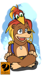 Size: 360x644 | Tagged: safe, artist:xxtwilightxx, banjo (banjo-kazooie), kazooie (banjo-kazooie), bear, bird, breegull, fictional species, mammal, red crested breegull, anthro, feral, banjo-kazooie, rareware, duo, low res