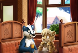 Size: 1280x867 | Tagged: safe, artist:pandapaco, badger, feline, mammal, mustelid, saber-toothed cat, semi-anthro, alcohol, bar, beer, drink, duo, pub, tea