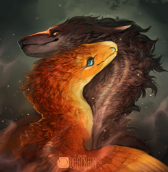 Size: 1067x1087 | Tagged: safe, artist:darenrin, dragon, fictional species, furred dragon, feral, ambiguous gender, ambiguous/ambiguous, bust, duo, feathered wings, feathers, feral/feral, portrait, shipping, spread wings, wings