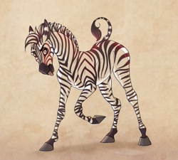 Size: 1280x1152 | Tagged: safe, artist:jenery, equine, mammal, zebra, feral, lifelike feral, ambiguous gender, black fur, blep, brown eyes, front view, fur, hair, hooves, looking at you, mane, non-sapient, raised leg, raised tail, realistic, red fur, solo, solo ambiguous, tail, three-quarter view, tongue, tongue out, white fur