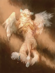 Size: 960x1280 | Tagged: safe, artist:travaakasanchez, oc, oc only, oc:plume (plume), bird, feline, fictional species, gryphon, mammal, feral, eyes closed, lying down, on back, paw pads, paws, solo, spread wings, underpaw, wings
