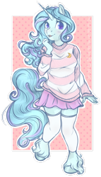 Size: 1920x3360 | Tagged: safe, artist:acry-artwork, oc, oc only, oc:winter doodle, equine, fictional species, mammal, pony, unicorn, anthro, unguligrade anthro, friendship is magic, hasbro, my little pony, abstract background, anthrofied, blushing, bottomwear, clothes, female, hooves, leg warmers, legwear, mare, skirt, solo, solo female, sweater, thigh highs, toeless legwear, topwear, unshorn fetlocks