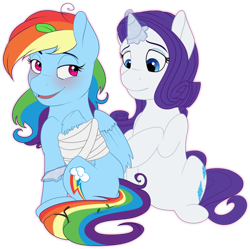 Size: 800x798 | Tagged: safe, artist:llacky, rainbow dash (mlp), rarity (mlp), equine, fictional species, mammal, pegasus, pony, unicorn, feral, friendship is magic, hasbro, my little pony, bandage, duo, duo female, feathered wings, feathers, female, female/female, glowing, glowing horn, horn, injured, magic, mare, raridash (mlp), shipping, simple background, sitting, tail, transparent background, wings