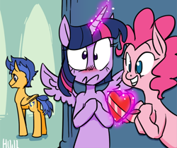 Size: 600x504 | Tagged: safe, artist:asktandp, flash sentry (mlp), pinkie pie (mlp), twilight sparkle (mlp), alicorn, earth pony, equine, fictional species, mammal, pegasus, pony, feral, friendship is magic, hasbro, my little pony, blushing, chocolate, cute, feathered wings, feathers, female, flashlight (mlp), folded wings, food, glowing, glowing horn, group, heart, heart shaped box, horn, male, male/female, mare, nervous, shipper on deck, shipping, spread wings, stallion, tail, telekinesis, trio, wide eyes, wings