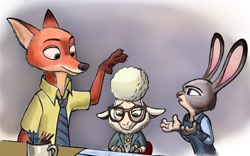 Size: 1280x798 | Tagged: safe, artist:zdrer456, dawn bellwether (zootopia), judy hopps (zootopia), nick wilde (zootopia), bovid, canine, caprine, fox, lagomorph, mammal, rabbit, red fox, sheep, anthro, disney, zootopia, annoyed, clothes, coffee mug, ewe, female, group, looking at each other, male, necktie, on model, paws, pendant, police uniform, reaching, scene interpretation, simple background, smiling, trio