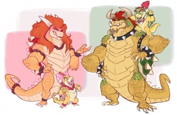 Size: 1280x829 | Tagged: safe, artist:earthsong9405, bowser (mario), bowser jr. (mario), wendy o. koopa (mario), fictional species, koopa, reptile, anthro, plantigrade anthro, mario (series), nintendo, abstract background, anklet, bandanna, beard, blue eyes, bow, bowsette (mario), bracelet, chain, chains, chipped tooth, claws, clothes, collar, female, green scales, group, hair, horns, jewelry, male, neckerchief, necklace, open mouth, orange hair, orange scales, pink scales, ponytail, red eyes, ring, rule 63, scales, self paradox, sharp teeth, shell, size difference, spiked bracelet, spiked collar, spines, tail, tail jewelry, tail ring, teeth, yellow scales