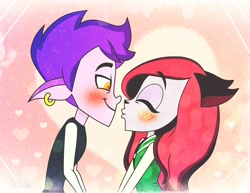 Size: 2976x2297 | Tagged: safe, artist:felux, luvboy (teen-z), pinky (teen-z), animal humanoid, cat, elf, feline, fictional species, mammal, humanoid, teen-z, duo, female, heart background, high res, imminent kissing, male, male/female