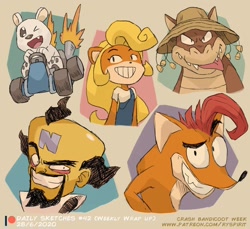 Size: 900x826 | Tagged: safe, artist:ry-spirit, coco bandicoot (crash bandicoot), crash bandicoot (crash bandicoot), dingodile (crash bandicoot), dr. neo cortex (crash bandicoot), polar (crash bandicoot), bandicoot, bear, canine, crocodile, crocodilian, dingo, human, hybrid, mammal, marsupial, polar bear, reptile, anthro, semi-anthro, cc by-nc-nd, crash bandicoot (series), creative commons, abstract background, driving, english text, female, group, male, patreon logo, text, vehicle