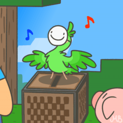 Size: 1000x1000 | Tagged: safe, artist:maplebiscuit, bird, human, mammal, parrot, pig, suid, feral, dream (youtuber), minecraft, youtube, 2d, 2d animation, ambiguous gender, animated, birdified, clothes, cloud, cute, dancing, dream team, feathers, feralized, frame by frame, georgenotfound, gif, grass, green feathers, jukebox, male, male focus, mask, musical note, offscreen character, parrot dream, shirt, signature, silly, sky, solo focus, species swap, topwear, tree, watermark, wings