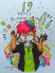 Size: 784x1045 | Tagged: safe, artist:blue_formalin, oc, oc only, cervid, deer, mammal, anthro, 2018, ambiguous gender, antlers, birthday, clothes, jewelry, necklace, party hat, solo, solo ambiguous