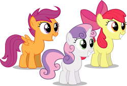 Size: 1499x1022 | Tagged: safe, artist:byteslice, apple bloom (mlp), scootaloo (mlp), sweetie belle (mlp), earth pony, equine, fictional species, mammal, pony, feral, friendship is magic, hasbro, my little pony, .svg available, cutie mark crusaders (mlp), female, females only, filly, foal, on model, simple background, svg, transparent background, trio, trio female, vector, young