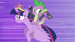 Size: 3840x2160 | Tagged: safe, artist:byteslice, spike (mlp), twilight sparkle (mlp), alicorn, dragon, equine, fictional species, mammal, pony, western dragon, feral, semi-anthro, friendship is magic, hasbro, my little pony, .svg available, 16:9, element of magic (mlp), elements of harmony (mlp), female, high res, magical artifact, male, not a screencap, on model, seatbelt, svg, vector, wallpaper