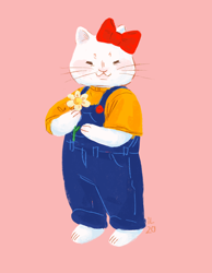Size: 2000x2572 | Tagged: safe, artist:corkflakesdoesart, hello kitty (sanrio), cat, feline, mammal, anthro, plantigrade anthro, hello kitty (series), sanrio, bow, clothes, cute, female, flower, high res, overalls, pink background, simple background, solo, solo female