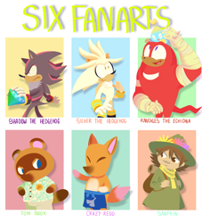 Size: 2048x2259 | Tagged: safe, artist:emirrart, crazy redd (animal crossing), knuckles the echidna (sonic), shadow the hedgehog (sonic), silver the hedgehog (sonic), snufkin (moomins), tom nook (animal crossing), canine, chao, echidna, fictional species, fox, hedgehog, mammal, monotreme, raccoon dog, anthro, humanoid, semi-anthro, six fanarts, animal crossing, moomins (series), nintendo, sega, sonic boom (series), sonic the hedgehog (series), 2020, ambiguous gender, chaos emerald, crossover, high res, male, males only, mumrik, quills, red tail, tail
