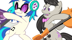 Size: 8897x5004 | Tagged: safe, artist:byteslice, octavia melody (mlp), vinyl scratch (mlp), earth pony, equine, fictional species, mammal, pony, unicorn, feral, friendship is magic, hasbro, my little pony, .svg available, absurd resolution, bow tie, cello, clothes, cutie mark, female, glasses, headphones, holding, hoof hold, hooves, horn, mare, mixing console, musical instrument, on model, open mouth, simple background, smiling, sunglasses, svg, teeth, transparent background, vector, wide eyes