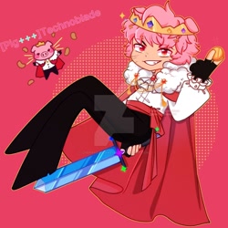 Size: 1280x1280 | Tagged: safe, artist:cherrycupcake784, oc, oc only, oc:technoblade, animal humanoid, fictional species, mammal, pig, suid, humanoid, minecraft, youtube, cape, chibi, clothes, coin, crown, diamond sword, eared humanoid, fingerless gloves, food, gloves, humanoidized, hypixel, male, obtrusive watermark, potato, self paradox, skyblock, sleepy boys inc, solo, solo male, species swap, sword, vegetables, watermark, weapon