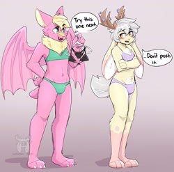 Size: 2272x2248 | Tagged: safe, artist:fleurfurr, oc, oc:fleur, oc:milo (superbibat), bat, fictional species, jackalope, lagomorph, mammal, anthro, plantigrade anthro, 2020, antlers, arm fluff, bat wings, big ears, blushing, bra, brown eyes, bulge, cheek fluff, chest fluff, claws, clothes, crossed arms, dialogue, digital art, duo, ears, eyebrow through hair, eyebrows, fangs, floppy ears, fluff, fur, gradient background, gray hair, green eyes, hair, hand on hip, hanger, high res, leg fluff, long ears, looking at each other, looking back, male, males only, open mouth, paws, pink body, pink fur, sharp teeth, speech bubble, standing, talking, teeth, underwear, watermark, webbed wings, white fur, wings