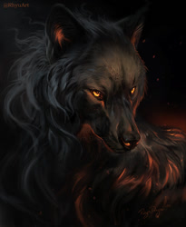 Size: 819x1000 | Tagged: safe, artist:rhyuart, canine, mammal, wolf, feral, lifelike feral, 2020, amber eyes, ambiguous gender, black background, black fur, bust, cheek fluff, chest fluff, digital art, fluff, fur, head fluff, non-sapient, realistic, signature, simple background, solo, solo ambiguous, tail, tail fluff, three-quarter view