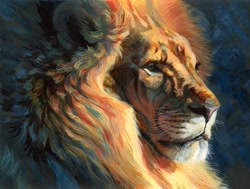 Size: 792x600 | Tagged: safe, artist:hibbary, big cat, feline, lion, mammal, feral, lifelike feral, abstract background, bust, digital art, digital painting, ears, fluff, front view, fur, hair, looking forward, male, mane, multicolored fur, non-sapient, realistic, solo, solo male, three-quarter view, whiskers, yellow fur