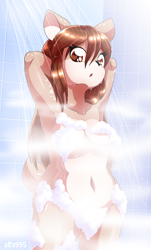 Size: 771x1280 | Tagged: suggestive, artist:alfa995, oc, oc only, oc:doe (alfa995), cervid, deer, mammal, anthro, armpits, belly button, breasts, brown eyes, brown hair, bubbles, doe, dripping, eyelashes, female, foam, fur, hair, hand behind head, heart, heart eyes, long hair, looking at you, nudity, open mouth, shower, signature, slightly chubby, solo, solo female, steam, strategically covered, tail, tan fur, wet, wet hair, wingding eyes