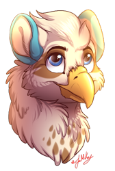 Size: 398x593 | Tagged: safe, artist:scotti-biscotti, oc, oc only, oc:plume (plume), bird, feline, fictional species, gryphon, mammal, feral, beak, bust, cheek fluff, chest fluff, ears, fluff, looking up, male, neck fluff, signature, simple background, solo, solo male, spotted body, transparent background