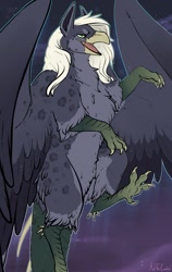 Size: 811x1280 | Tagged: safe, artist:melthecannibal, bird, feline, fictional species, gryphon, mammal, feral, ambiguous gender, beak, bird feet, claws, feathered wings, feathers, open beak, open mouth, solo, solo ambiguous, talons, wings