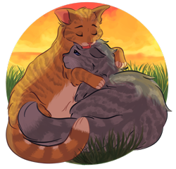 Size: 2502x2397 | Tagged: safe, artist:rootberiot, ashfur (warrior cats), leafpool (warrior cats), cat, feline, mammal, feral, warrior cats, ashpool (warrior cats), cuddling, cute, female, grass, high res, hug, licking, male, male/female, redraw, shipping, simple background, sky, tongue, tongue out, transparent background