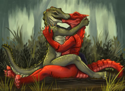Size: 894x650 | Tagged: suggestive, artist:caribou, alligator, crocodilian, dragon, fictional species, reptile, anthro, areola, breasts, bush, claws, duo, duo male and female, eyes closed, face to face, female, grass, green body, green scales, kissing, male, male/female, mud, nudity, outdoors, red body, red scales, scales, scissors position, sharp teeth, shipping, side view, signature, teeth, water