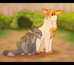 Size: 2500x2200 | Tagged: safe, artist:purespiritflower, brightheart (warrior cats), jayfeather (warrior cats), cat, feline, mammal, feral, warrior cats, blue eyes, bush, den, dirt, duo, female, fur, grass, gray fur, high res, male, mentor and apprentice, orange fur, scar, sitting, size difference, white fur