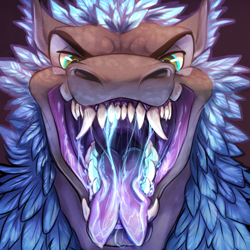 Size: 600x600 | Tagged: suggestive, artist:draconicwolf, dragon, feathered dragon, fictional species, anthro, blue feathers, bust, feathers, forked tongue, front view, looking at you, male, mawshot, open mouth, portrait, saliva, sharp teeth, solo, solo male, teeth, tongue, tongue out