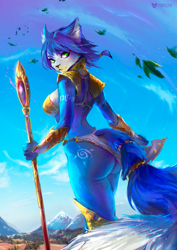 Size: 851x1200 | Tagged: safe, artist:perplexin, krystal (star fox), canine, fox, mammal, anthro, nintendo, star fox, 2018, armor, big butt, bikini, blue fur, blue hair, body markings, breasts, butt, cheek fluff, clothes, cloud, ear fluff, ears, female, fluff, fur, furgonomics, green eyes, hair, leaf, looking at you, looking back, looking back at you, mountain, ponytail, scenery, scenery porn, signature, sky, small ponytail, solo, solo female, staff, swimsuit, tail, tail fluff, tail hole, thick thighs, thighs, unconvincing armor, vixen, watermark, white fur, wind