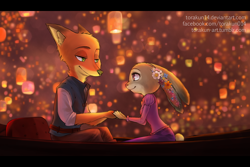 Size: 1000x667 | Tagged: safe, artist:torakun14, flynn rider (tangled), judy hopps (zootopia), nick wilde (zootopia), rapunzel (tangled), canine, fox, lagomorph, mammal, rabbit, red fox, anthro, disney, tangled (disney), zootopia, 2016, 2d, anthro/anthro, boat, cheek fluff, clothes, cosplay, crossover, cute, ear fluff, english text, eyelashes, female, floppy ears, flower, flower on head, fluff, fur, gray fur, green eyes, head fluff, holding, holding hands, interspecies, kemono, lantern, looking at each other, male, male/female, obtrusive watermark, orange fur, paper lantern, purple eyes, shipping, tail, tan fur, text, watermark, wholesome, wildehopps (zootopia)