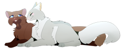 Size: 1720x680 | Tagged: safe, artist:pikipekker, briarlight (warrior cats), dovewing (warrior cats), cat, feline, mammal, feral, warrior cats, blue eyes, blushing, brown fur, cheek fluff, chest fluff, disabled, dovebriar (warrior cats), duo, duo female, eyes closed, female, female/female, fluff, fur, gray fur, lower body paralysis, lying down, neck fluff, paralyzed, paw pads, paws, shipping, simple background, tail, transparent background