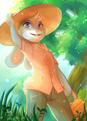 Size: 1414x1978 | Tagged: safe, artist:dari-dari, judy hopps (zootopia), lagomorph, mammal, rabbit, anthro, disney, zootopia, basket, blue eyes, bottomwear, carrot, clothes, english text, female, floppy ears, flower, fluff, food, fur, grass, gray fur, hand hold, hat, holding, jeans, long ears, looking at you, low angle, neck fluff, pants, paws, raised hand, shirt, signature, solo, solo female, tail, teeth, text, topwear, tree, vegetables, watermark