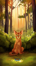 Size: 850x1538 | Tagged: safe, artist:maplespyder, firestar (warrior cats), cat, feline, mammal, feral, warrior cats, 2018, brown fur, bush, collar, digital art, forest, front view, fur, grass, green eyes, into the wild, looking at you, male, map:five giants (warrior cats), outdoors, paws, pet tag, redraw, scenery, scenery porn, signature, sitting, solo, solo male, tail, tree, whiskers